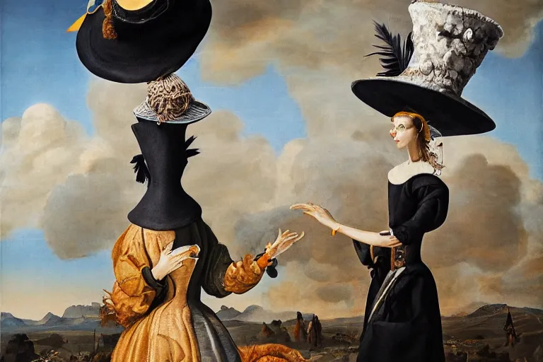 Prompt: a woman walking down a runway with a large cloudy hat on her head, a surrealist sculpture by alessandro allori, trending on behance, afrofuturism, made of feathers, whimsical, steampunk