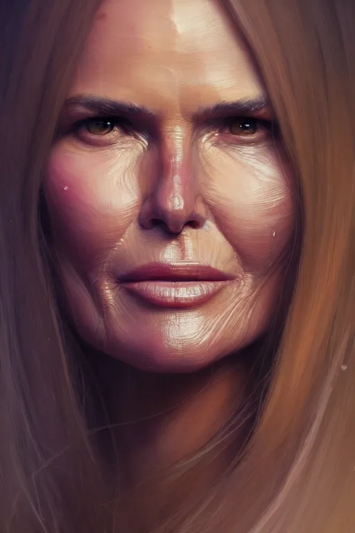 Image similar to ultra detailed close up facial portrait of elle macpherson, extremely detailed digital painting, in the style of fenghua zhong and ruan jia and jeremy lipking and peter mohrbacher, mystical colors, rim light, beautiful lighting, 8 k, stunning scene, raytracing, octane, trending on artstation