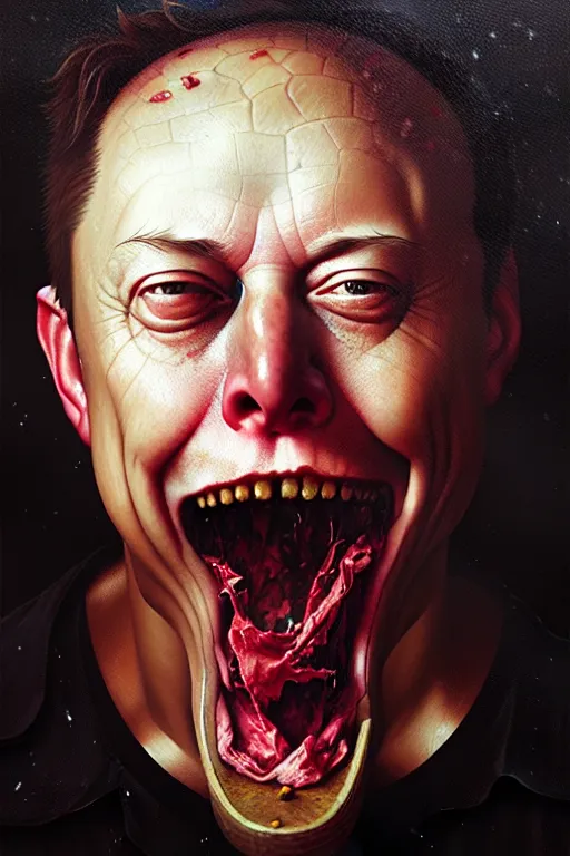 Image similar to hieronymus bosch, greg rutkowski, anna podedworna, painting of elon musk eating bitcoins, insane face, extreme close up, screaming and crying