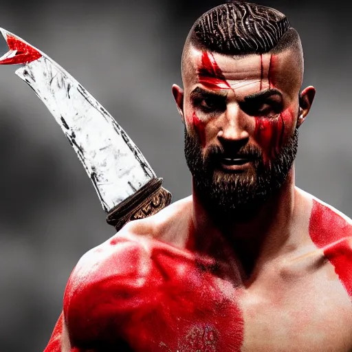 Prompt: Cristiano Ronaldo as Kratos in God of War, 4k