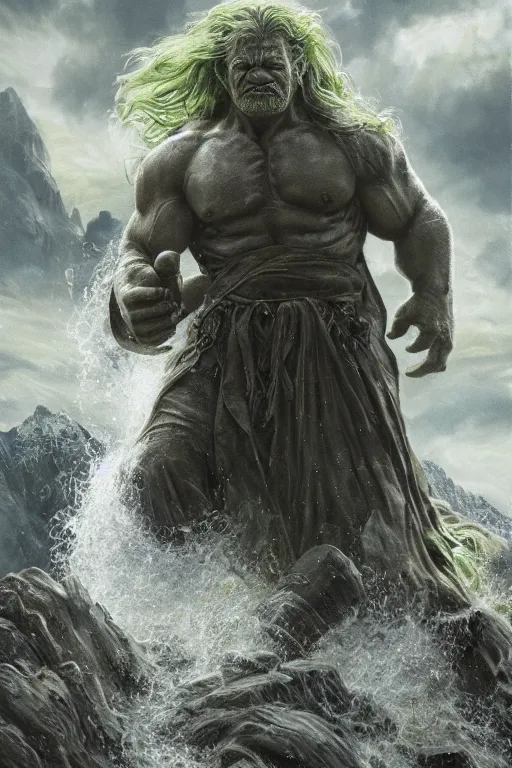 Image similar to the hulk starring as gandalf in lord of the rings, oil on canvas, intricate, 8 k highly professionally detailed, hdr, cgsociety