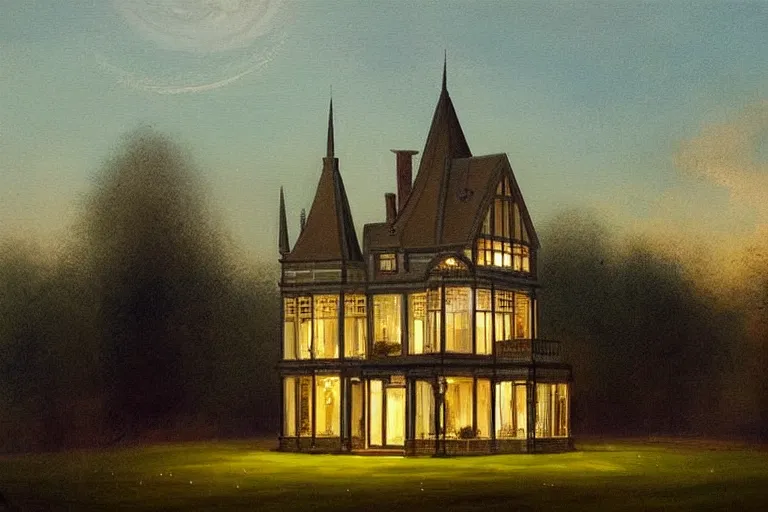 Image similar to a beautiful painting of a victorian house with bay windows, a tower and a greenhouse at night, very detailed by samuel and joseph newsom, harry potter