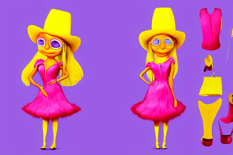 Prompt: detailed flat 2 d : marten character : wearing jewelry : wearing a pink dress : wearing yellow hat : dressed as a showgirl : head torso legs feet : lorax movie : artstation