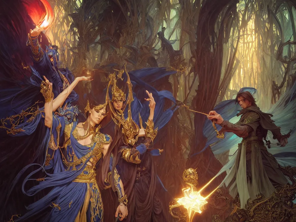 Image similar to painting of powerful stylish sorcerer and a cleric banishing the darkness and its abominations with a rainbow spell, ultra realistic, concept art, intricate details, eerie, highly detailed, photorealistic, octane render, 8 k, unreal engine. art by artgerm and greg rutkowski and magali villeneuve and alphonse mucha