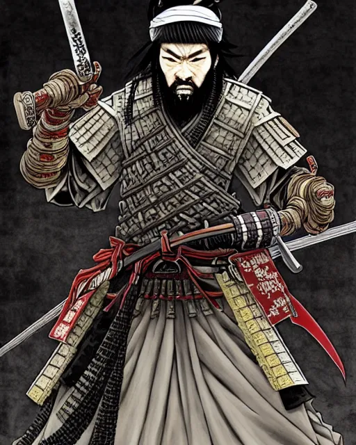 Prompt: taliban samurai, dynamic character posse, concept art, intricate details, highly detailed, in the style of takehiko inoue, tsukasa hojo, akimino kamijyo, tite kubo, akira hiramoto, tsugumi ohba, makoto yukimura, katsuhiro and inio asano