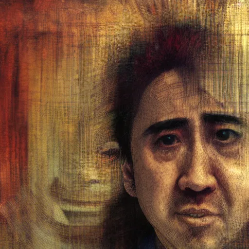 Image similar to yoshitaka amano blurred and dreamy realistic three quarter angle portrait of a nicolas cage, junji ito abstract patterns in the background, satoshi kon anime, noisy film grain effect, highly detailed, renaissance oil painting, weird portrait angle, blurred lost edges