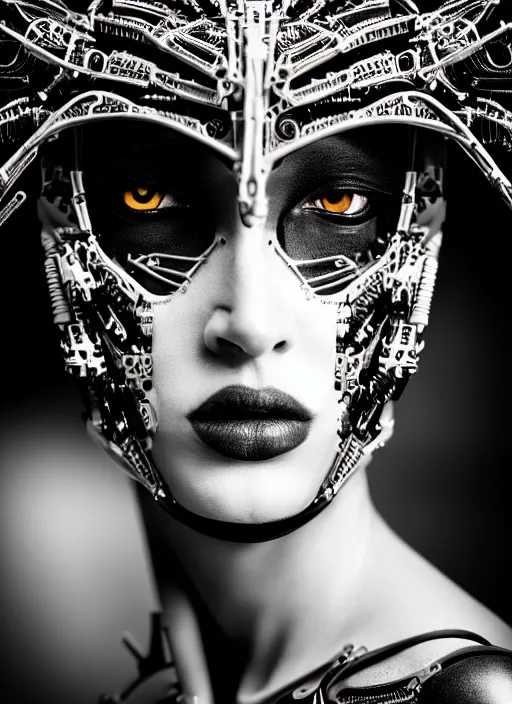 Image similar to a stunning young female crow mixed cyborg profile face, face is made intricate tribal bio - mechanical, editorial photography, bw, shot on 7 0 mm, depth of field, f / 2. 8, high contrast, 1 6 k, volumetric lighting, shiny, insanely detailed and intricate, hypermaximalist, elegant, ornate, hyper realistic, super detailed