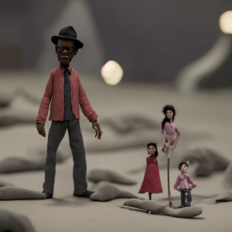 Image similar to a cinematic film still of a claymation stop motion film starring samuel l jackson, shallow depth of field, 8 0 mm, f 1. 8