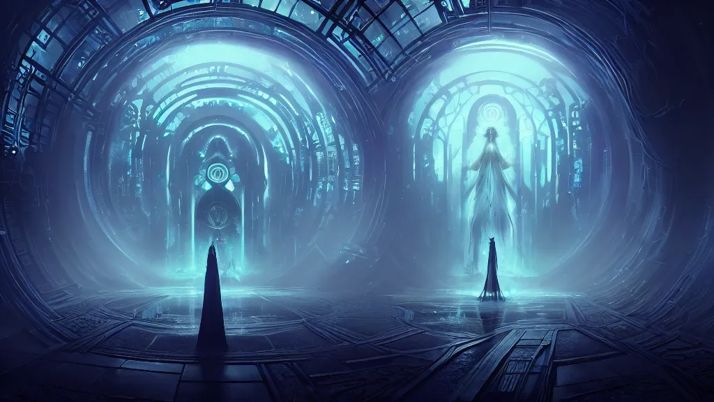 Prompt: portal to the ethereal realm, centered symmetrical composition, intricate concept art, ethereal, ominous, mysterious, enchanted, magic, misty, amazing depth, dramatic lighting, illuminated lines, outrun, vaporware, illuminated runes, cyberpunk darksynth, dark background, 8 k, octane render, by james paick and stephan martiniere and alphonse mucha