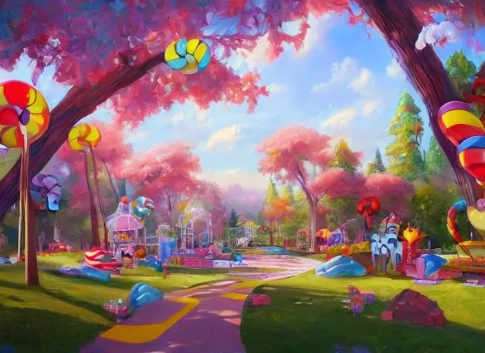 Image similar to candy park for a game candy themed, top angle, oil painting by jama jurabaev, extremely detailed, brush hard, artstation, for aaa game, high quality, brush stroke