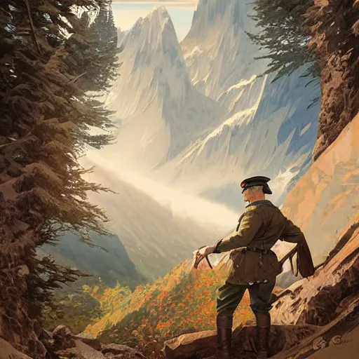 Prompt: highly detailed german ww 2 propaganda!!! nazi poster of german alps, fantasy art by greg rutkowski, loish, rhads, ferdinand knab, makoto shinkai and lois van baarle, ilya kuvshinov, rossdraws, tom bagshaw, global illumination, radiant light, detailed and intricate environment