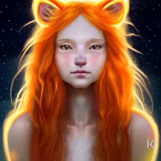 Image similar to Portrait of a girl angel with pale orange colored frizzy strands of illuminated hair, cat ears on her head, glowing halo, Lion's Mane, Cosmic, Lion's Gate, 8/8, fantasy, intricate, elegant, highly detailed, digital painting, artstation, concept art, smooth, sharp focus, illustration, art by Krenz Cushart and Artem Demura and alphonse mucha