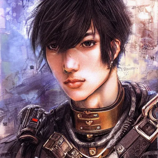 Image similar to portrait of a man by ayami kojima, japanese, he is about 2 0 years old, black short hair with bangs, he is wearing a steampunk tactical gear, highly detailed portrait, digital painting, artstation, concept art, smooth, sharp foccus ilustration, artstation hq