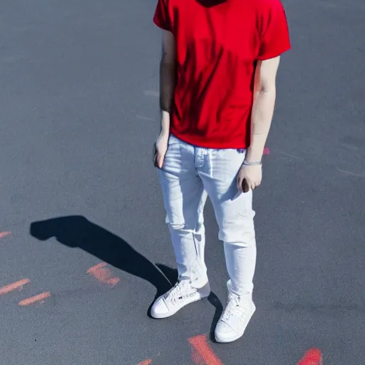 Image similar to a full body shot of an average white, short young - adult man with blue dyed hair holding a microphone, wearing a red backwards cap, white t - shirt with a red no symbol on it, blue long pants and red shoes