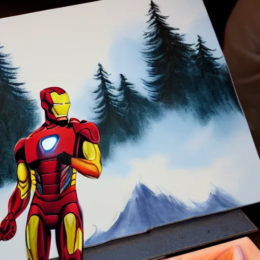 Prompt: a closeup photorealistic photograph of bob ross painting an image of iron man on a large canvas. mountains and trees. film still. brightly lit scene. this 4 k hd image is trending on artstation, featured on behance, well - rendered, extra crisp, features intricate detail, epic composition and the style of unreal engine.