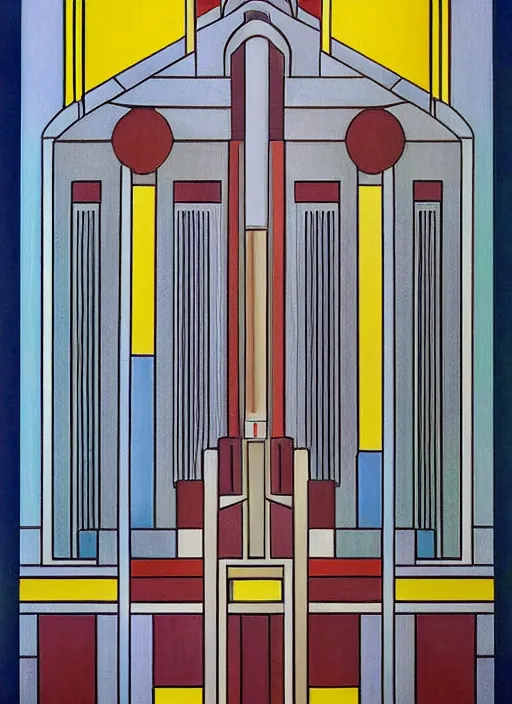 Image similar to isometric artdeco cathedral by frank lloyd wright painted by piet mondrian