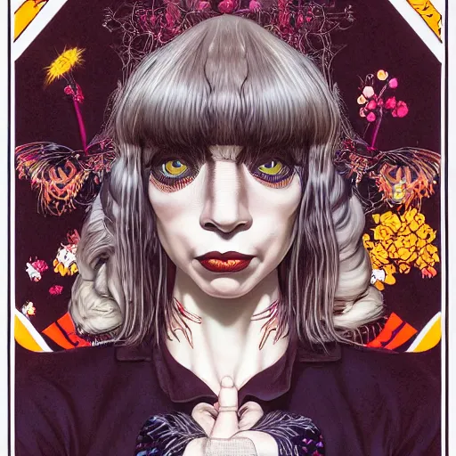 Image similar to portrait of crazy sia kate isobelle furler, symmetrical, glamour, by yoichi hatakenaka, masamune shirow, josan gonzales and dan mumford, ayami kojima, takato yamamoto, barclay shaw, karol bak, yukito kishiro