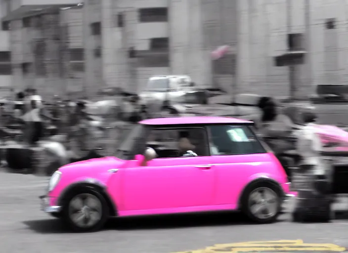 Prompt: A clown driving a pink Mini Cooper through an anime convention, motion blur, photo