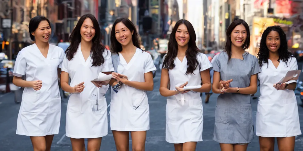 Image similar to 3 beautiful young woman plaque doctors wearing white wet short sun dresses walking toward the camera in the streets of new york, ultra realistic, 8 k, nikon d 3 0 0,