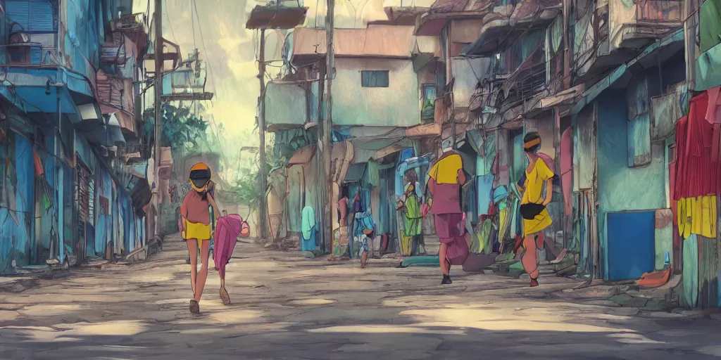 Prompt: character walking in a brazilian favela, movie still frame, anime art style, studio ghibli, 4 k, 8 k