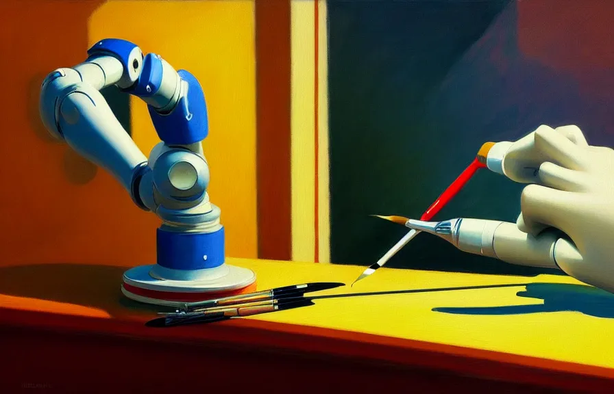 Prompt: beautiful illustration of an artist robotic arm holding a paintbrush and painting on a canvas by Edward Hopper, clean lines, very detailed, colorful octane render