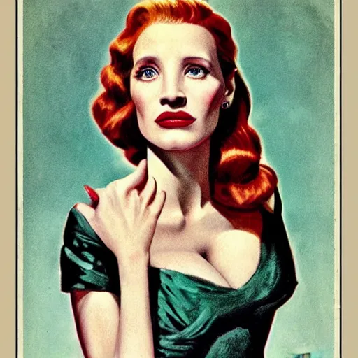 Image similar to “Jessica Chastain portrait, color vintage magazine illustration 1950”