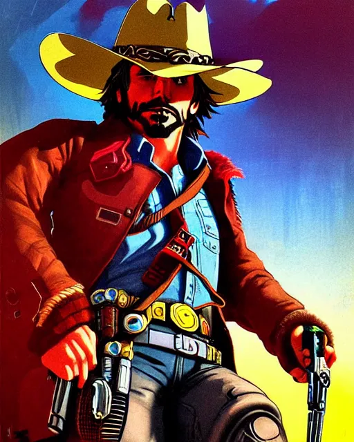 Image similar to mccree from overwatch, cyber cowboy, character portrait, portrait, close up, concept art, intricate details, highly detailed, vintage sci - fi poster, retro future, vintage sci - fi art, in the style of chris foss, rodger dean, moebius, michael whelan, and gustave dore