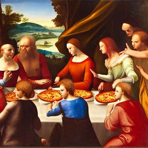 Prompt: renaissance painting of a group of people eating pizza