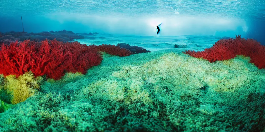 Prompt: a great photograph of the most amazing golf hole in the world, perfect light, under water, colorful coral reef, ambient light, 5 0 mm, golf digest, top 1 0 0, fog