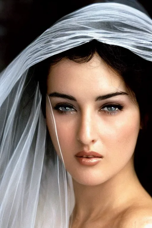 Image similar to young arab Monica Bellucci, blue eyes, long wavy black hair, white veil, closeup, focus, light makeup