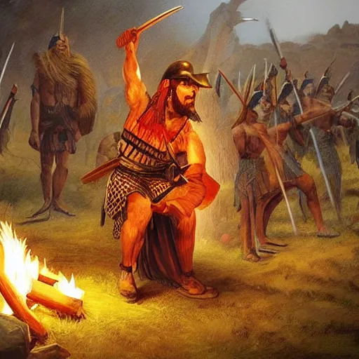 Image similar to tchno - neolithic warrior warlord preaching around the fire to a crowd, cave background, photorealistic hd,