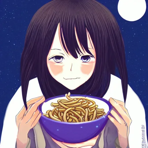 Image similar to a beautiful anime woman eating a bowl of worms, digital art, ghibli, night