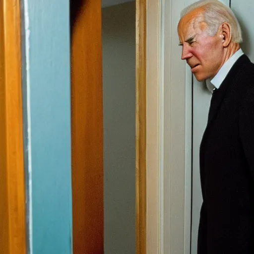 Prompt: the scene from the shining where jack shoves his face through the door but it's joe biden