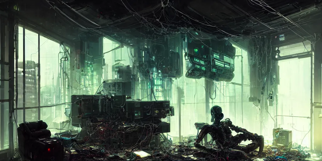 Prompt: a cyborg sitting on the floor, inside an old apartment, cybernetic parts and wires and cables scattered across the floor, dystopian aesthetics, cyberpunk, detailed oil painting, misty, cinematic, dramatic lighting, ominous, by ilya kuvshinov and ruan jia and jeremy mann