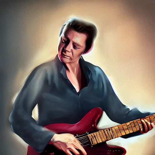 Image similar to portrait of a robert palmer model playing guitar, D&D, beautiful, realistic, cinematic lighting, fantasy digital painting
