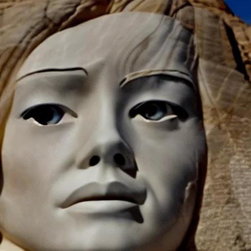 Prompt: emma stone is carved in mount rushmore. national geographic