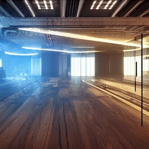 Prompt: cyberpunk apartment computers taken apart moody lighting wood flooring view of bladerunner2049 cityscape