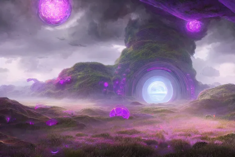 Image similar to a psychedelic realm with rolling plains made out of clouds, and giant portals scattered throughout that lead into the multiverse, in the style of wlop, illustration, epic, fantasy, hyper detailed, smooth, unreal engine, sharp focus, ray tracing