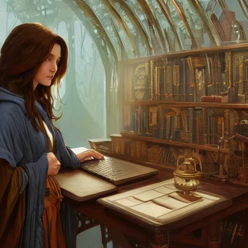 Prompt: a female wizard with brown hair wearing a blue hood and blue robe typing on a computer at a wooden desk with bookcases behind her, fantasy, highly detailed, digital painting, artstation, concept art, character art, art by greg rutkowski and tyler jacobson and alphonse mucha