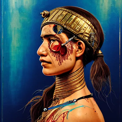 Image similar to portrait of chitral woman :: side profile :: in ocean :: clockwork details :: gold :: blood and horror :: by vikings and Sandra Chevrier