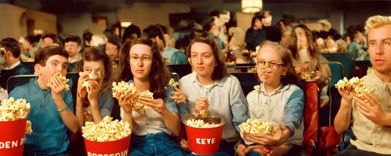 Image similar to people at the movies eating spaghetti out of a popcorn container, kodachrome, in the style of wes anderson, retro