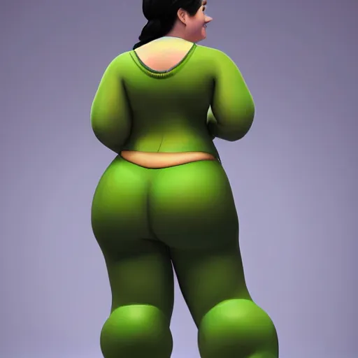 Prompt: a back behind body of thicc princess fiona wearing green pajamas, set on night