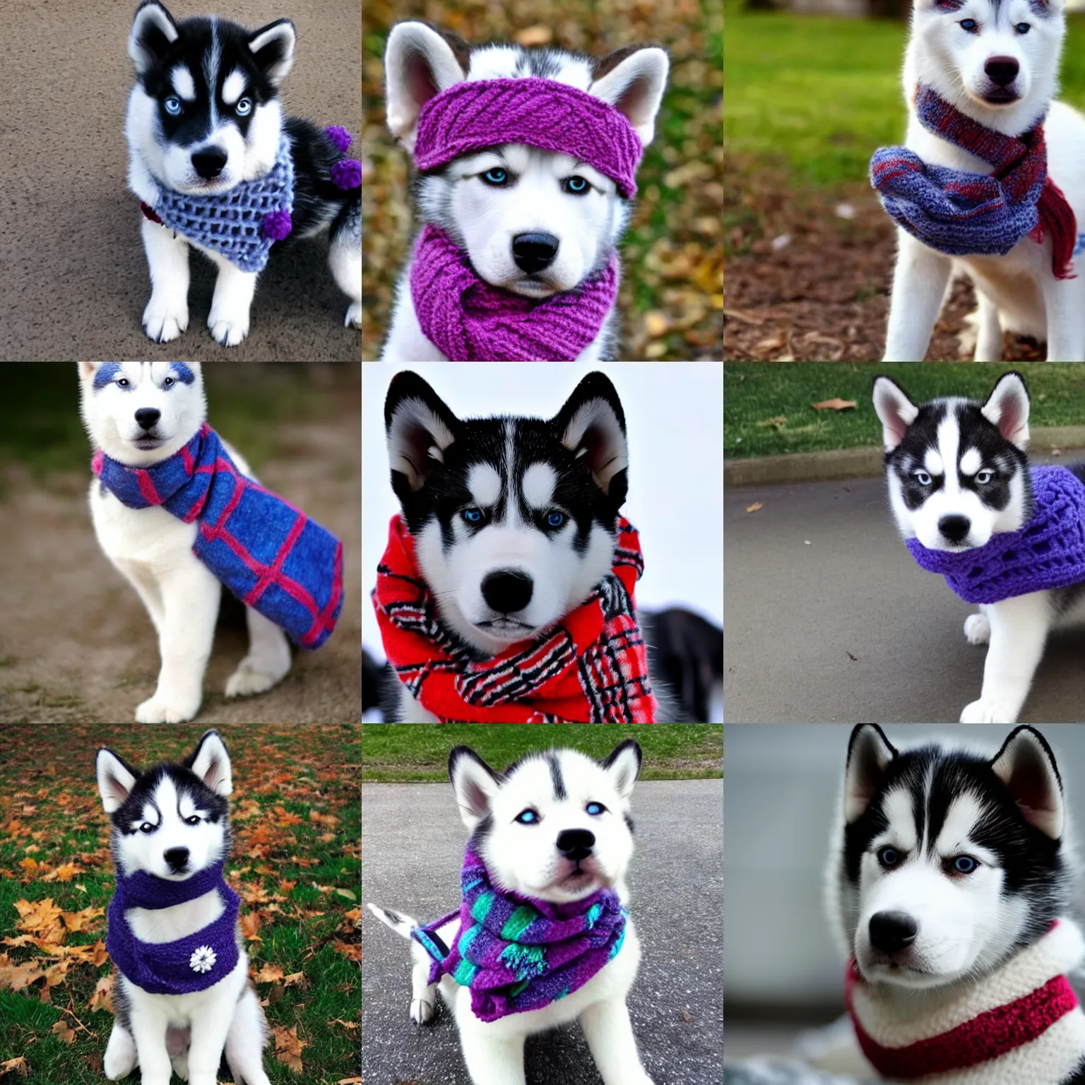 Prompt: puppy husky wearing a scarf