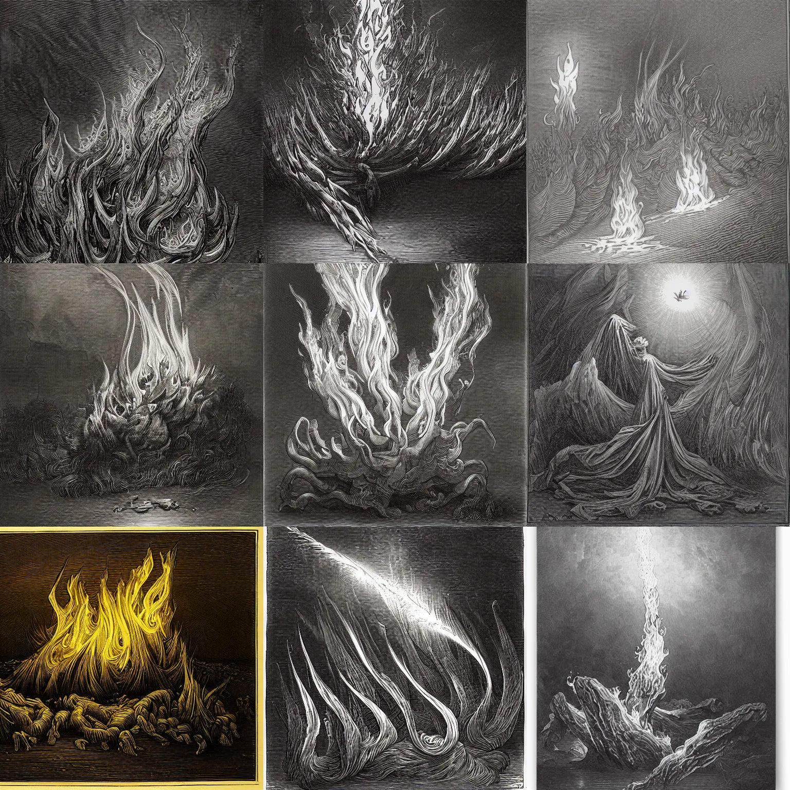 Prompt: stylized flames by Gustave Dore