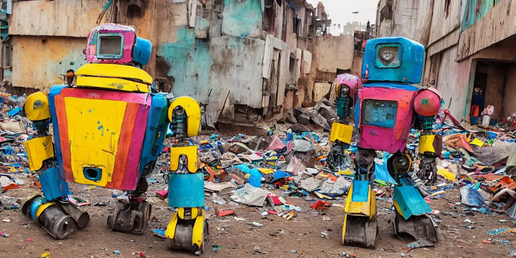 Image similar to colourful but destroyed giant mecha ROBOT of AJEGUNLE SLUMS of Lagos, markings on robot, Golden Hour,