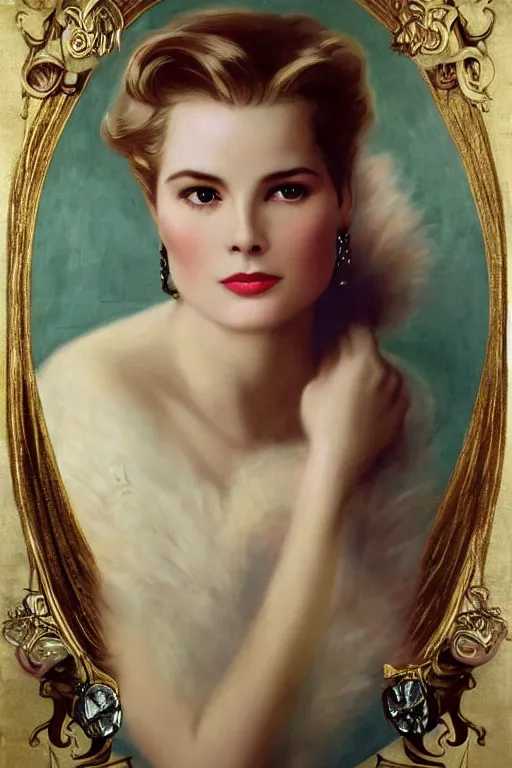 Image similar to A young and extremely beautiful Grace Kelly explaining the birds and the bees by Tom Bagshaw in the style of a modern Gaston Bussière, art nouveau, art deco, surrealism. Extremely lush detail. Night scene. Perfect composition and lighting. Profoundly surreal. Lush surrealistic photorealism. Sultry and mischevious expression on her face.