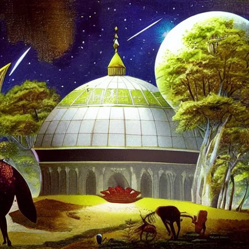 Prompt: ottoman sultanate domed spaceship, lush pastoral woodland scene, pulp science fiction illustration