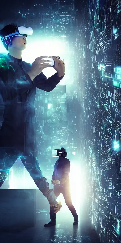 Image similar to a person trapped in virtual reality, futuristic, cyberpunk, 3 d rendered, 3 d rendering, dramatic lighting