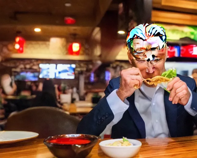 Image similar to a photo of joe biden eating asian wonton tacos at the applebee's, detailed face, ambient lighting, clear photography, 4 k ultra