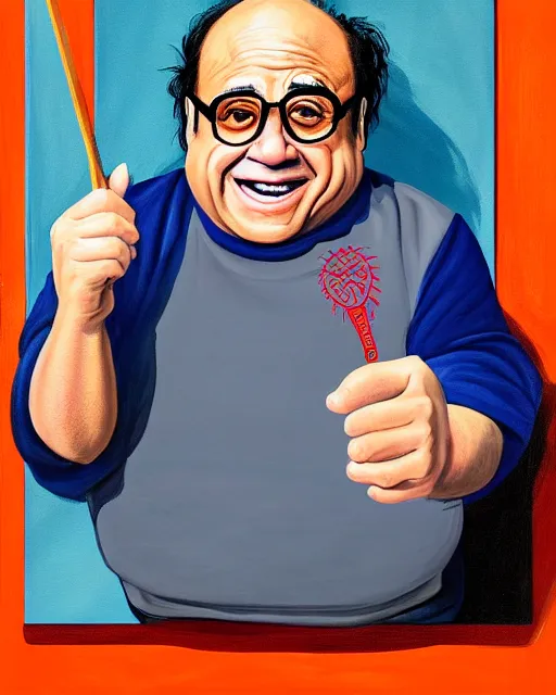 Image similar to painting portrait of danny devito as a rumham, cartoon, warm lighting, danny devito has a rumham body, danny devito's face on a rumham. movie poster, illustration by bartek fedyczak, erak note, tooth wu, neil richards, kan liu, siwoo kim, jisu choe, trending on art station